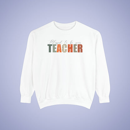 Blessed to be Your Teacher White Thanksgiving Patterned Word Art Comfort Sweatshirt Unisex
