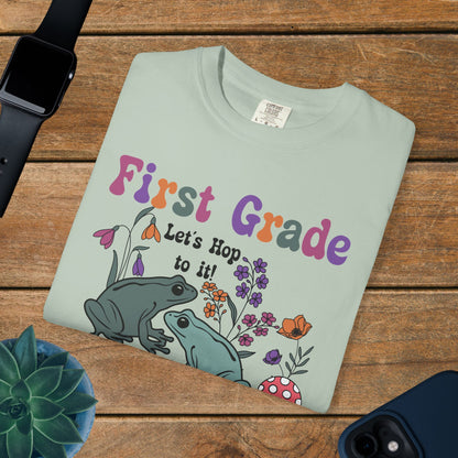 First Grade Lets Hop To It Teacher T Shirt Frogs Comfort Colors Unisex Back to School