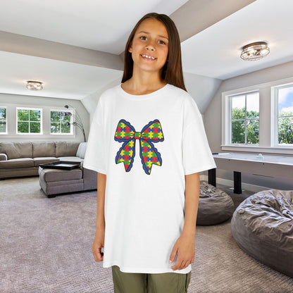 Coquette Puzzle Piece Bow Graphic Autism Awareness Cotton Youth T Shirt