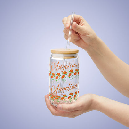 October Birthday Marigold Floral Personalized Sipper Glass Bamboo Lid