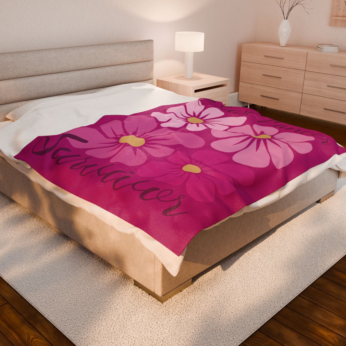 Breast Cancer Survivor Boho Floral Pink Velveteen Plush Blanket 3 Sizes Chemotherapy Gift