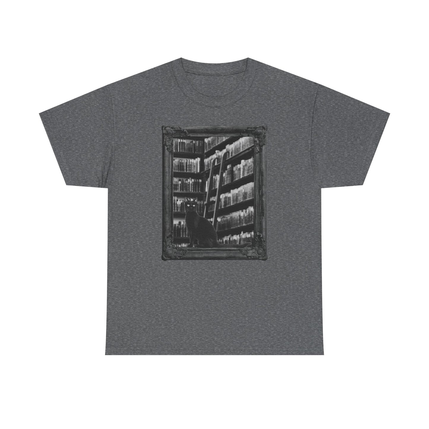 Black Cat Spooky Library Halloween T-Shirt | Book Lover Photographic Design