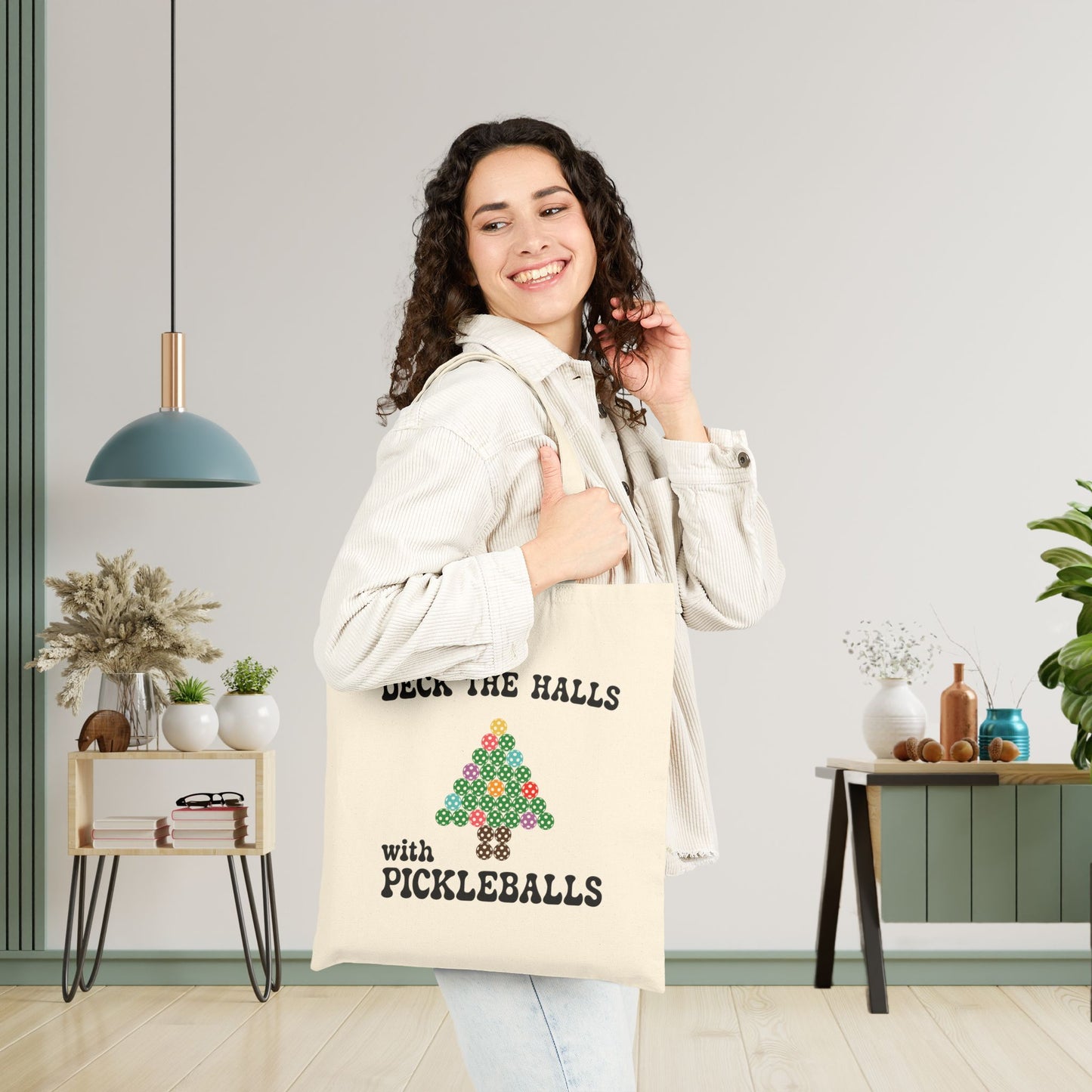 Deck the Halls with Pickleballs Pickleball Tote Bag | Christmas Cotton Gift Cream