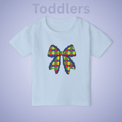 Coquette Puzzle Piece Bow Graphic Autism Awareness Cotton Toddler T Shirt