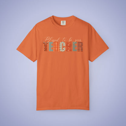 Blessed to be Your Teacher Black Thanksgiving Patterned Word Art Comfort T Shirt Unisex