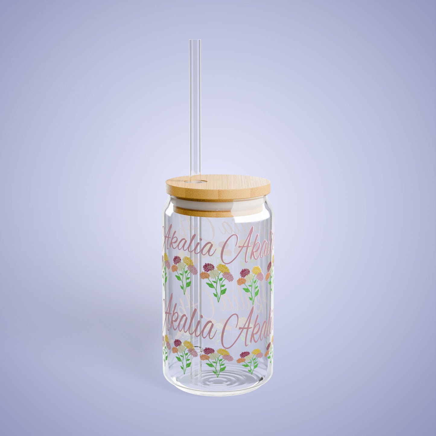 November Birthday Chrysanthemum Floral Personalized Sipper Glass Bamboo Lid