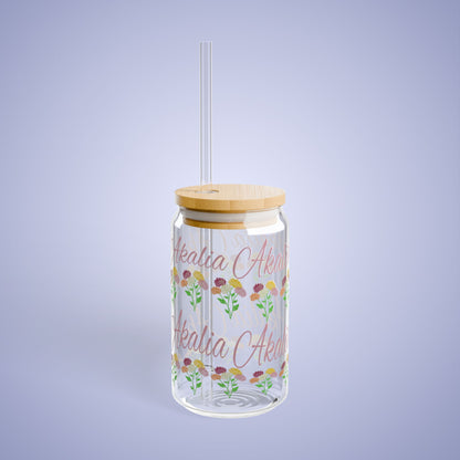 November Birthday Chrysanthemum Floral Personalized Sipper Glass Bamboo Lid