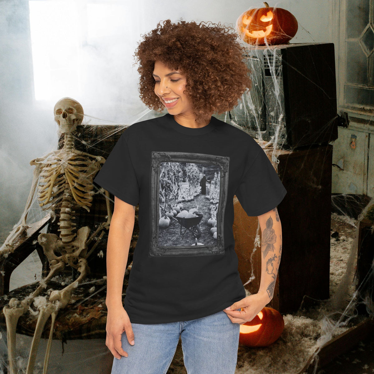 A Reaper in the Pumpkin Patch Spooky Halloween T-Shirt | Photographic Design