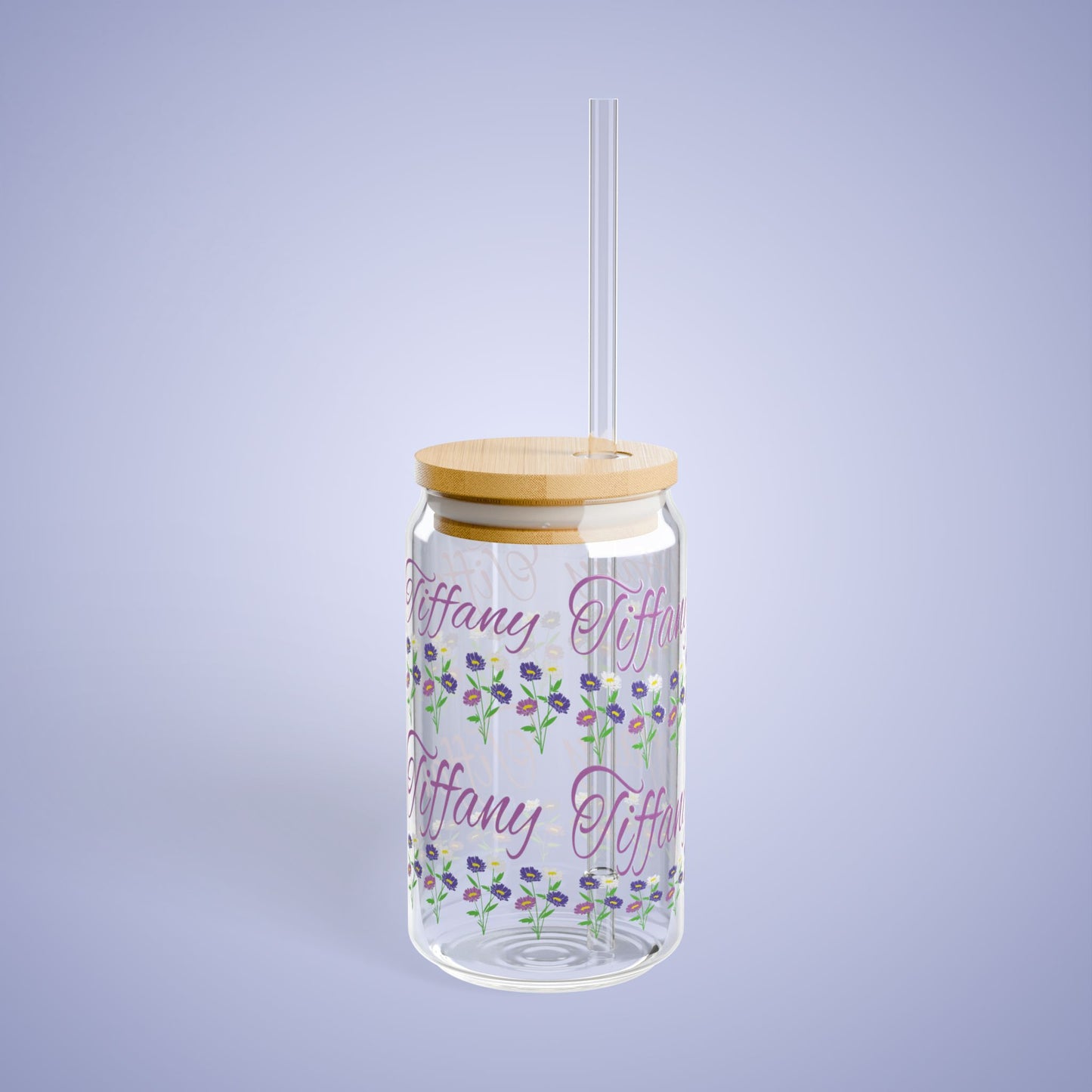 September Birthday Aster Daisy Floral Personalized Sipper Glass Bamboo Lid