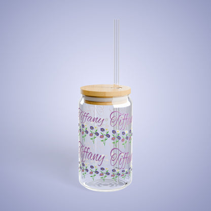 September Birthday Aster Daisy Floral Personalized Sipper Glass Bamboo Lid