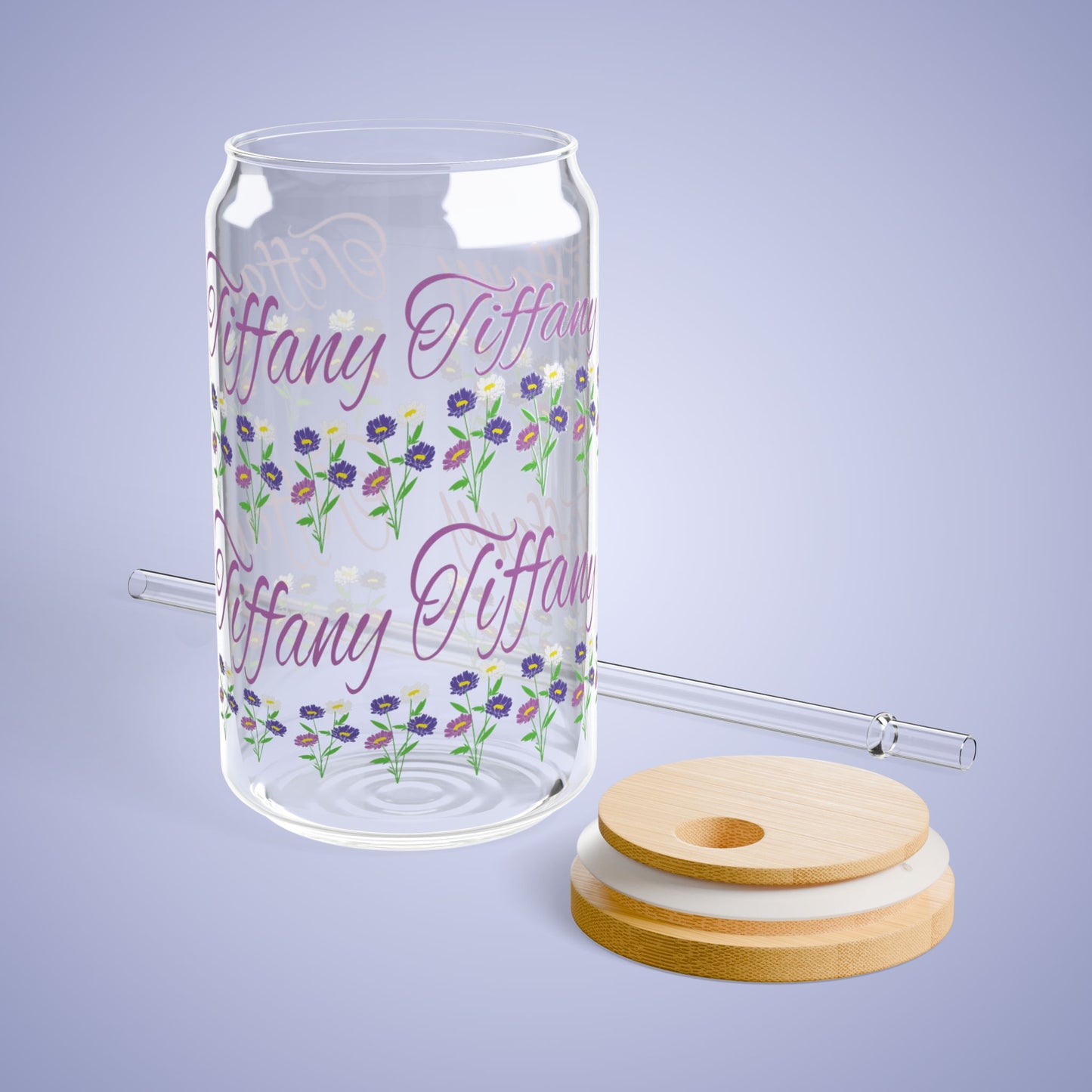 September Birthday Aster Daisy Floral Personalized Sipper Glass Bamboo Lid