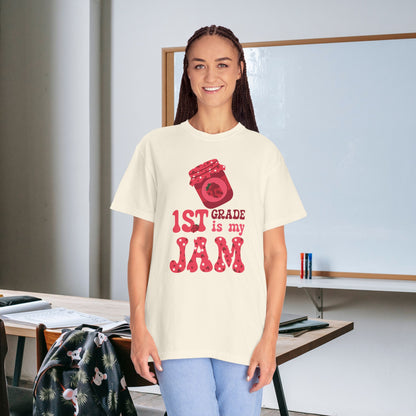 First Grade is my Jam Raspberry Teacher T Shirt Comfort Colors Unisex Back to School