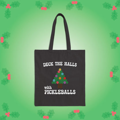 Deck the Halls with Pickleballs Pickleball Tote Bag | Christmas Cotton Gift Black