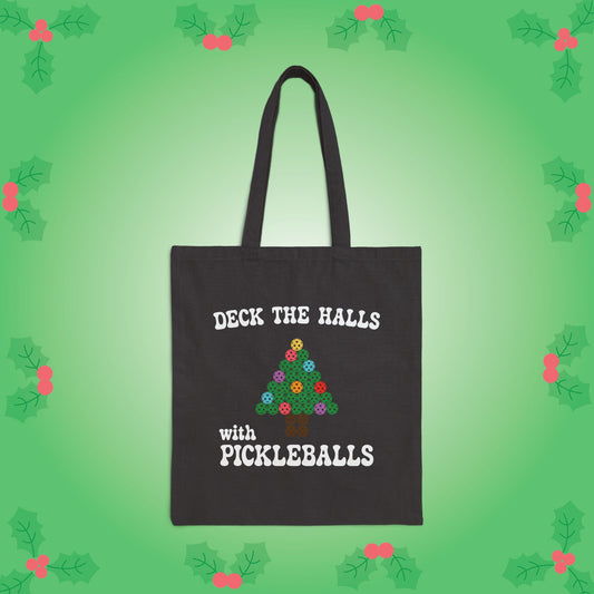 Deck the Halls with Pickleballs Pickleball Tote Bag | Christmas Cotton Gift Black