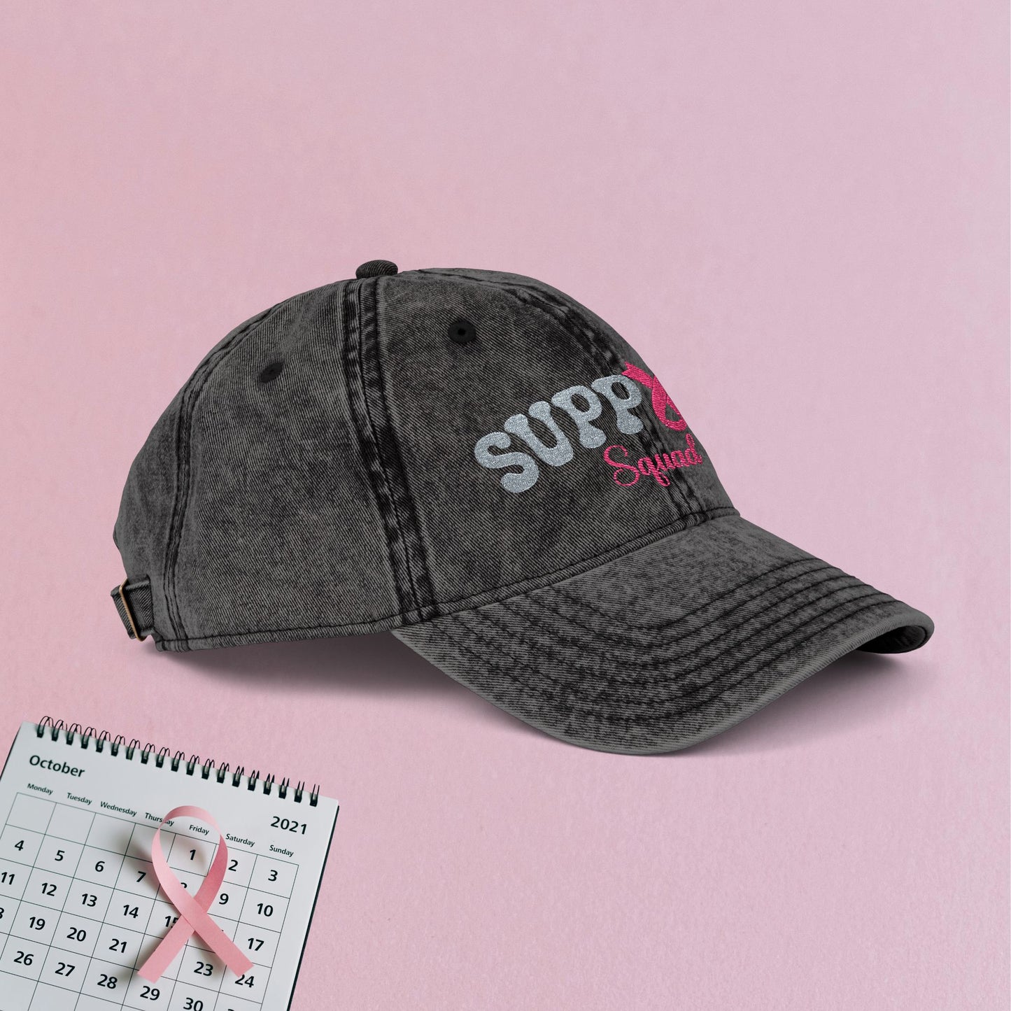 Support Squad Embroidered Breast Cancer Awareness Unisex Distressed Cap Gift Black
