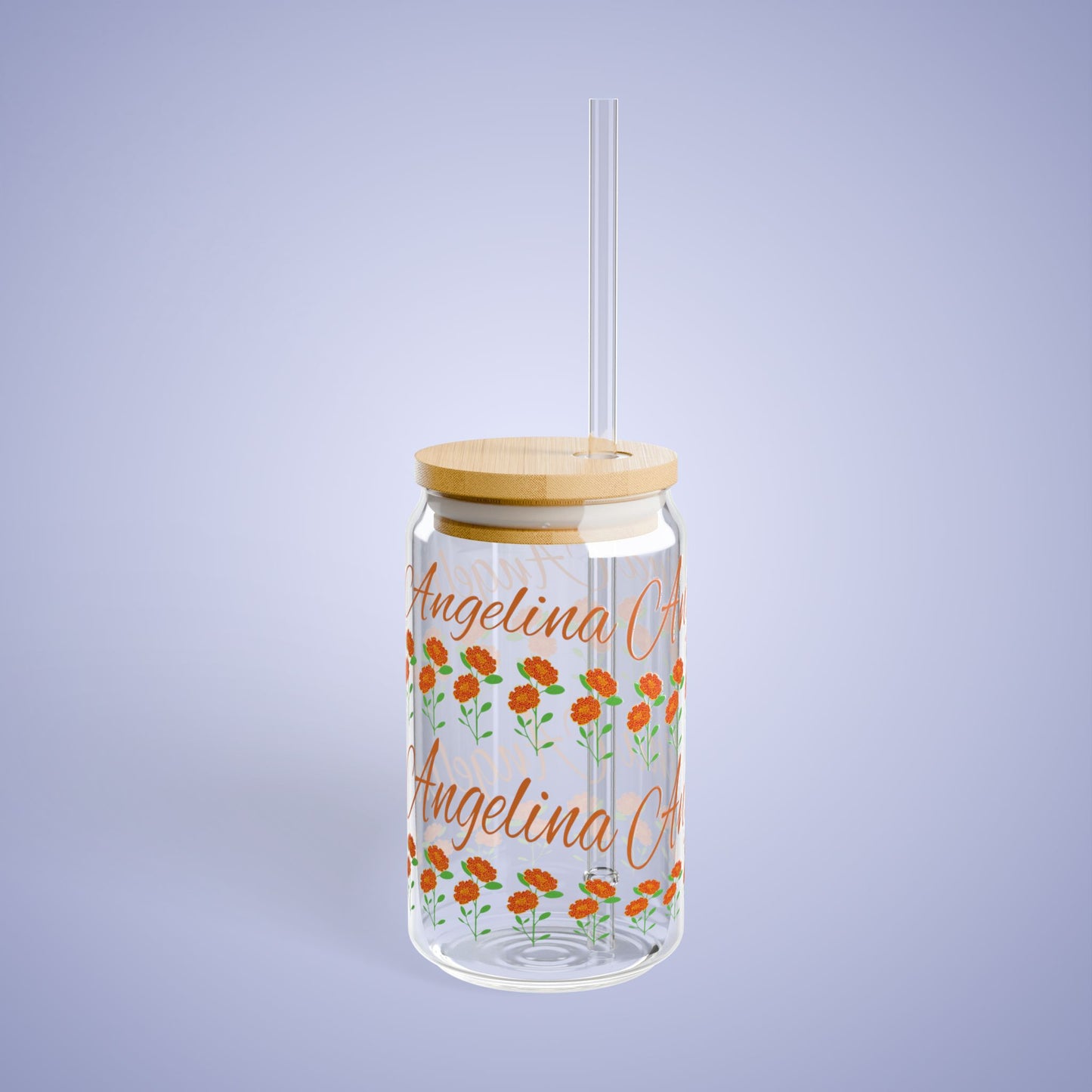 October Birthday Marigold Floral Personalized Sipper Glass Bamboo Lid