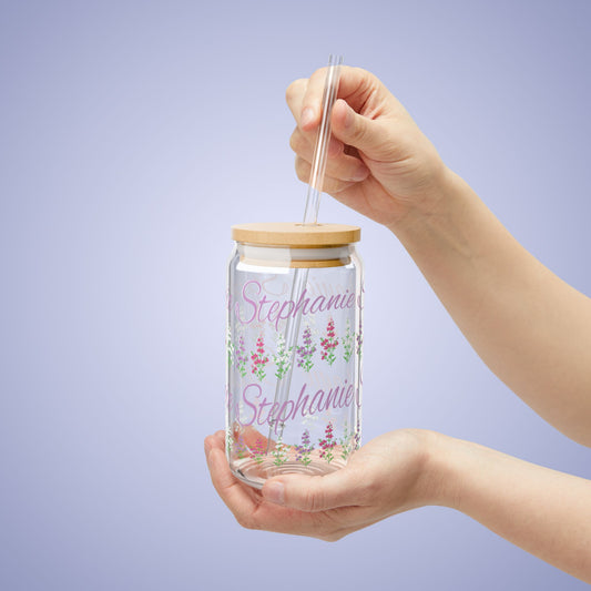 July Birthday Larkspur Floral Personalized Sipper Glass Bamboo Lid