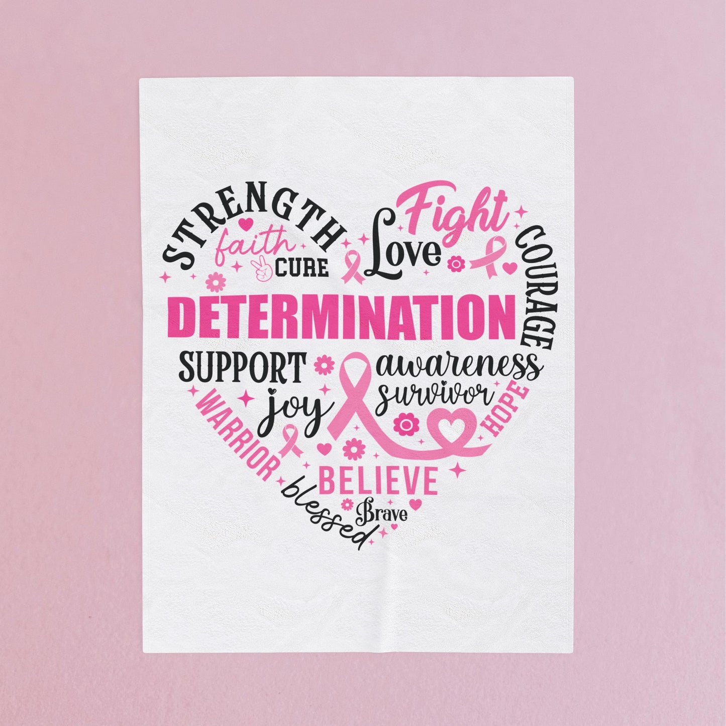 Heart Full of Fight Breast Cancer Awareness White Velveteen Plush Blanket 3 Sizes Chemotherapy Gift