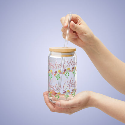 November Birthday Chrysanthemum Floral Personalized Sipper Glass Bamboo Lid