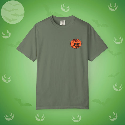 Embroidered Pocket Jackolantern Angry Face Halloween Pumpkin Comfort T Shirt Unisex