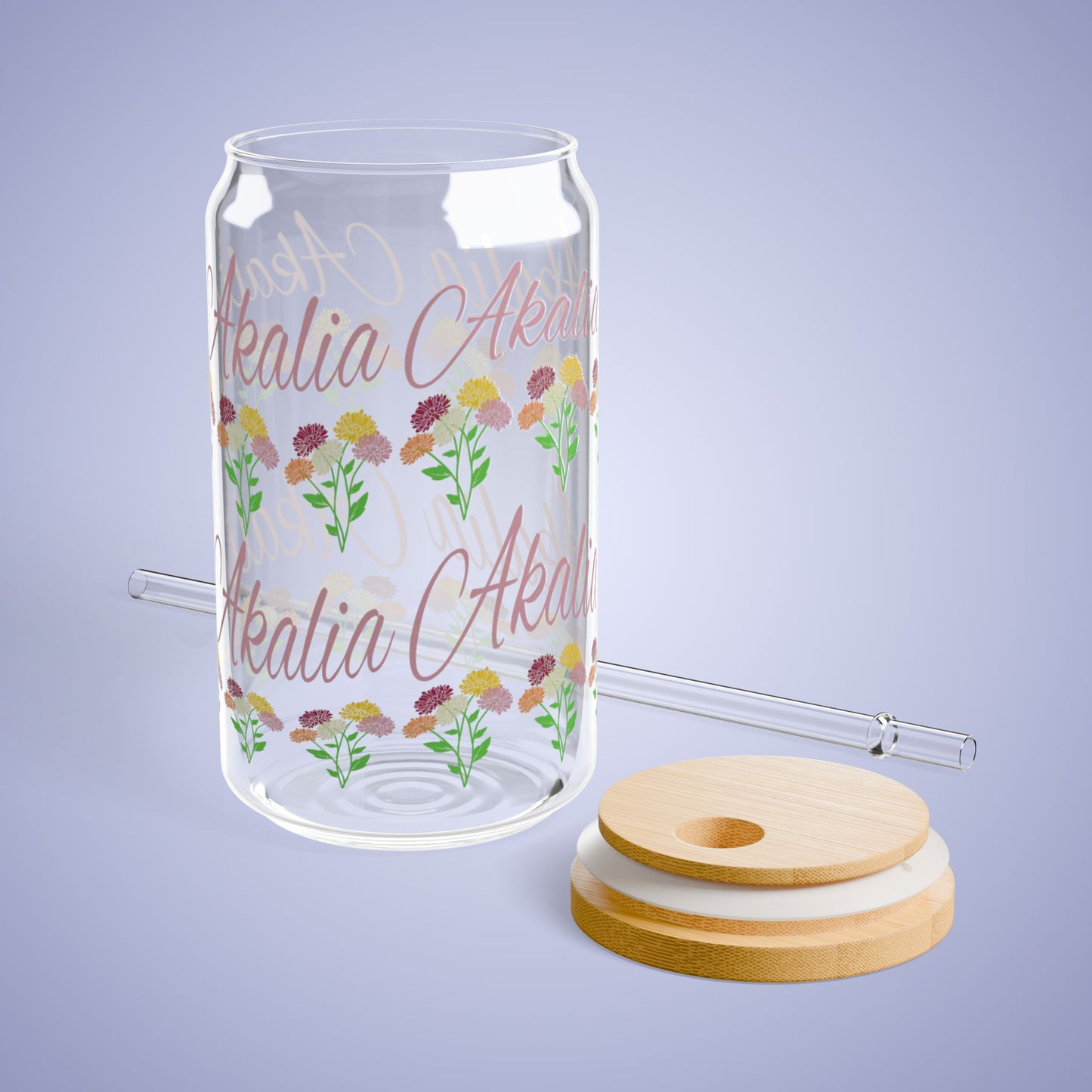 November Birthday Chrysanthemum Floral Personalized Sipper Glass Bamboo Lid