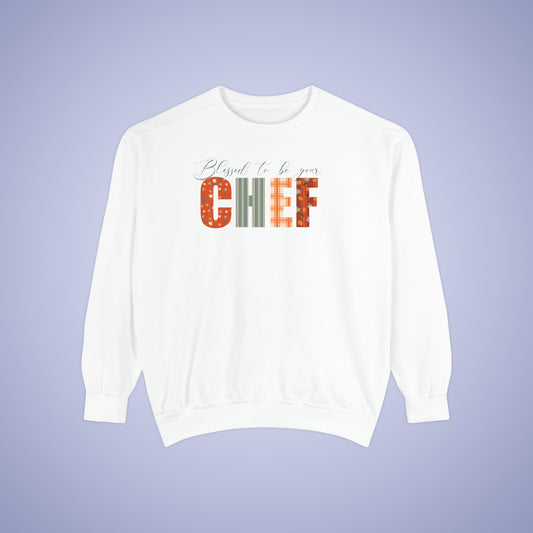 Blessed to be Your Chef White Thanksgiving Patterned Word Art Comfort Sweatshirt Unisex
