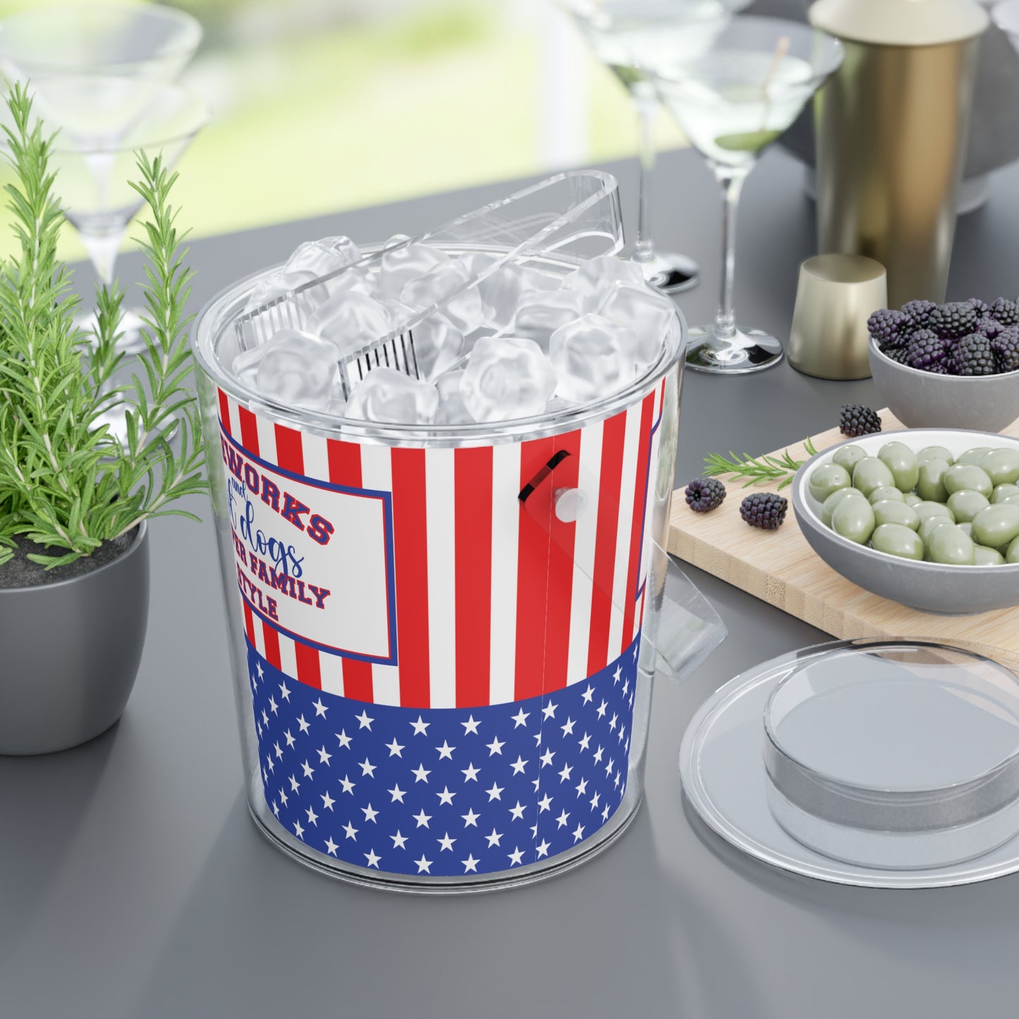 Fireworks and Hot Dogs Personalized Patriotic July 4th Home Decor Ice Bucket USA Flag