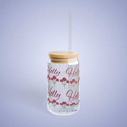 June Birthday Roses Floral Personalized Sipper Glass Bamboo Lid