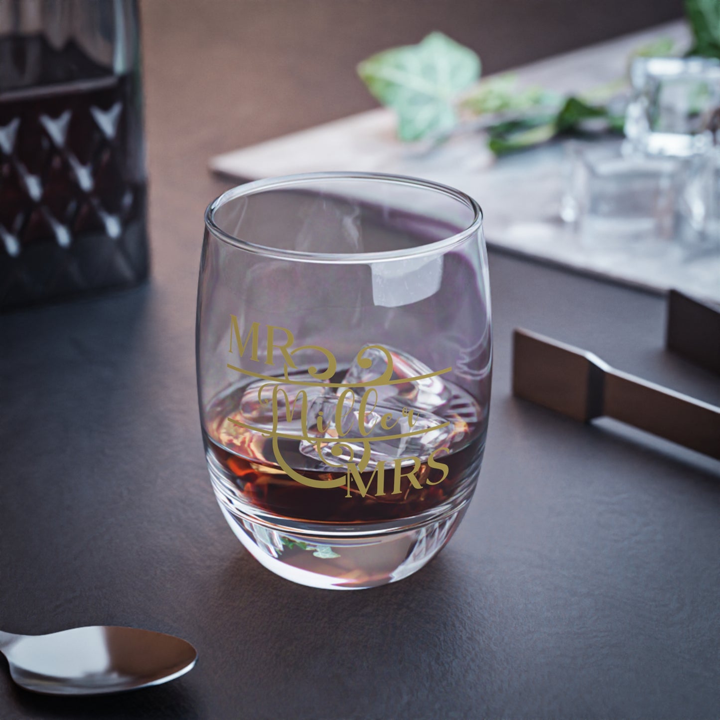 Mr & Mrs Personalized Wedding Engagement Whiskey Glass Gold
