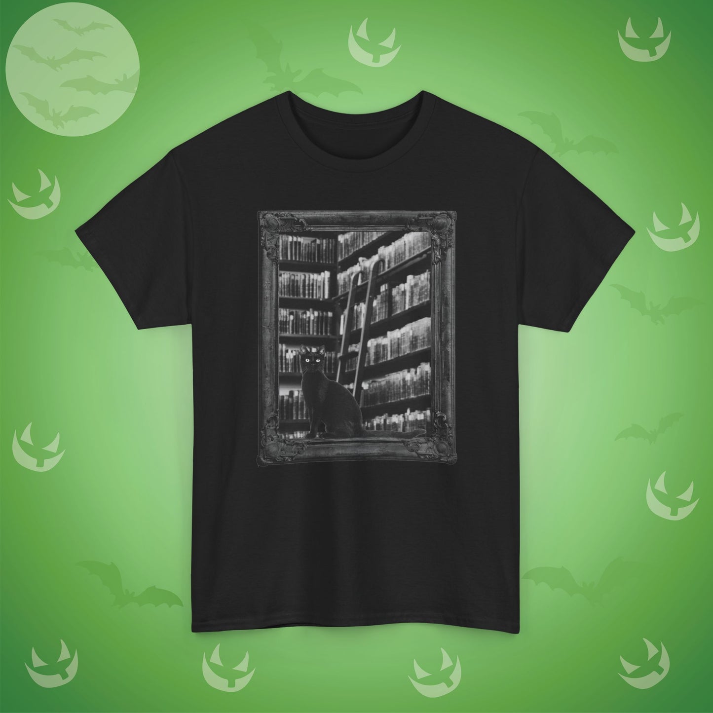 Black Cat Spooky Library Halloween T-Shirt | Book Lover Photographic Design