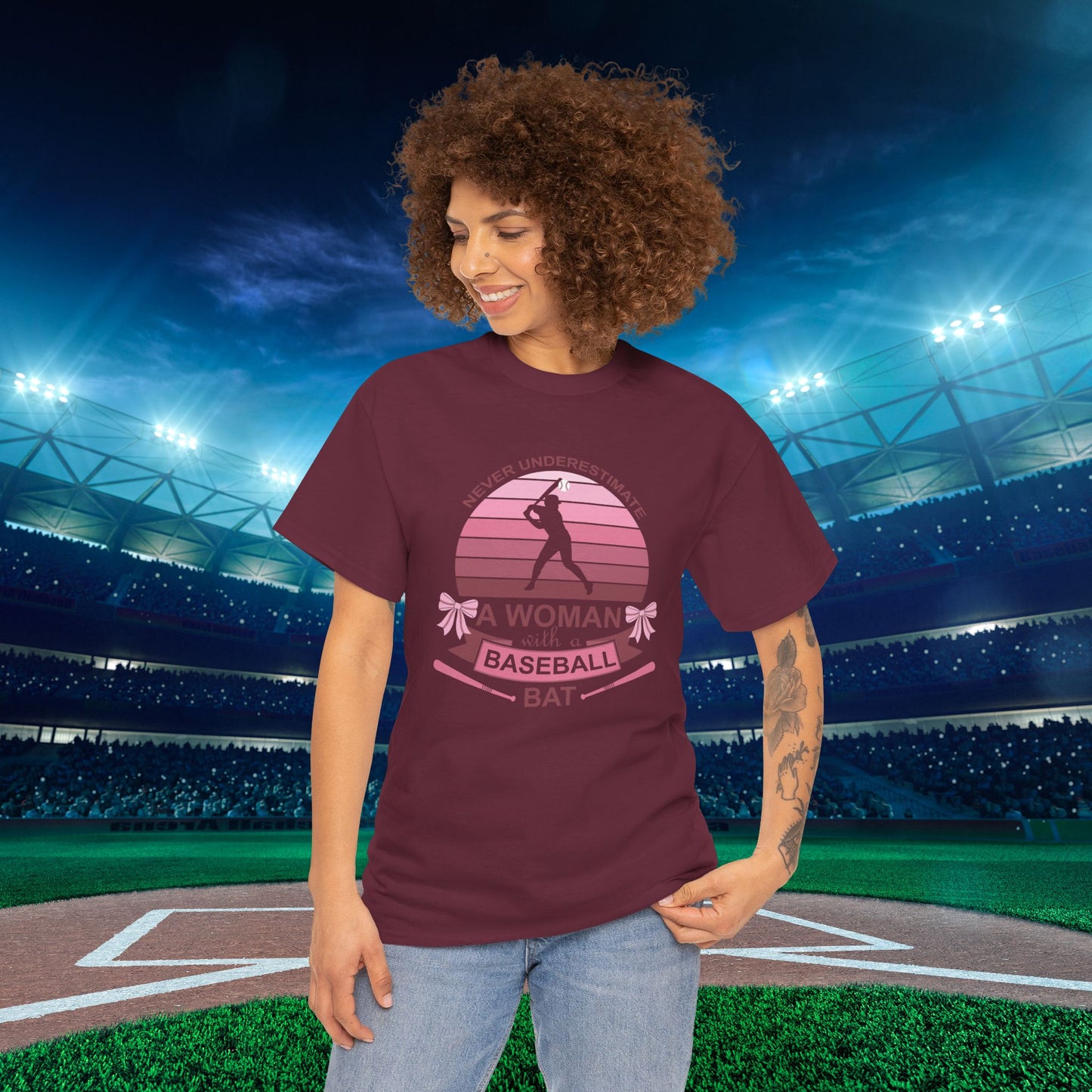 Don't Under Estimate a Women with a Baseball Bat Coquette Bow Pink Funny Unisex T Shirt