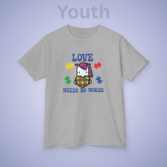 Love Needs No Words Unicorn Graphic Autism Awareness Cotton Youth T Shirt