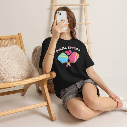 Double Trouble Pickleball T Shirt Retro Couple Matching Pink and Purple Graphic Design