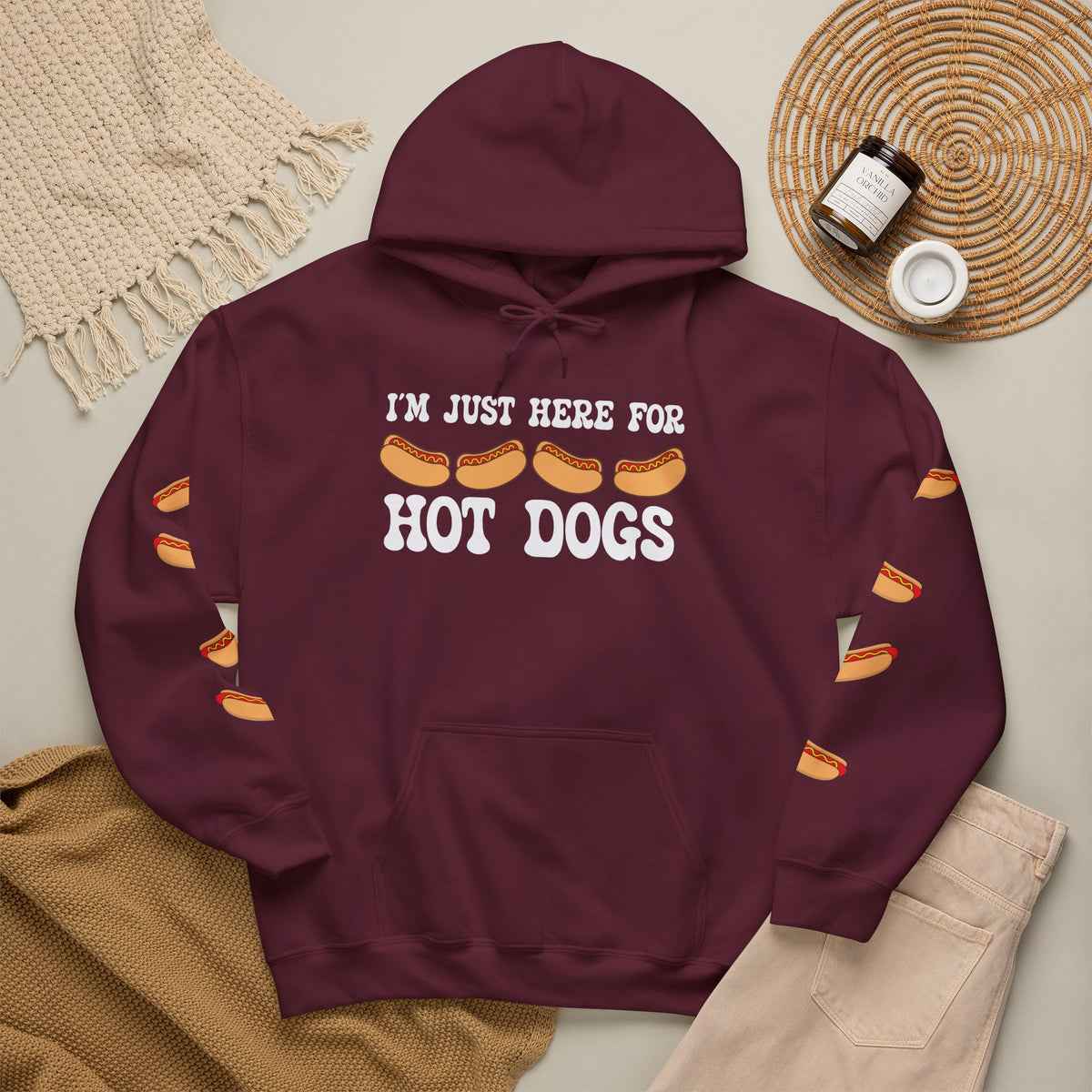 Im Just Here for the Hot Dogs Sleeve Print Hoodie | Hot Dog Lover Gift White