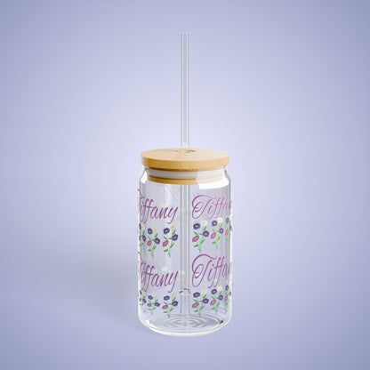 September Birthday Aster Daisy Floral Personalized Sipper Glass Bamboo Lid