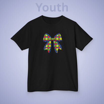 Coquette Puzzle Piece Bow Graphic Autism Awareness Cotton Youth T Shirt