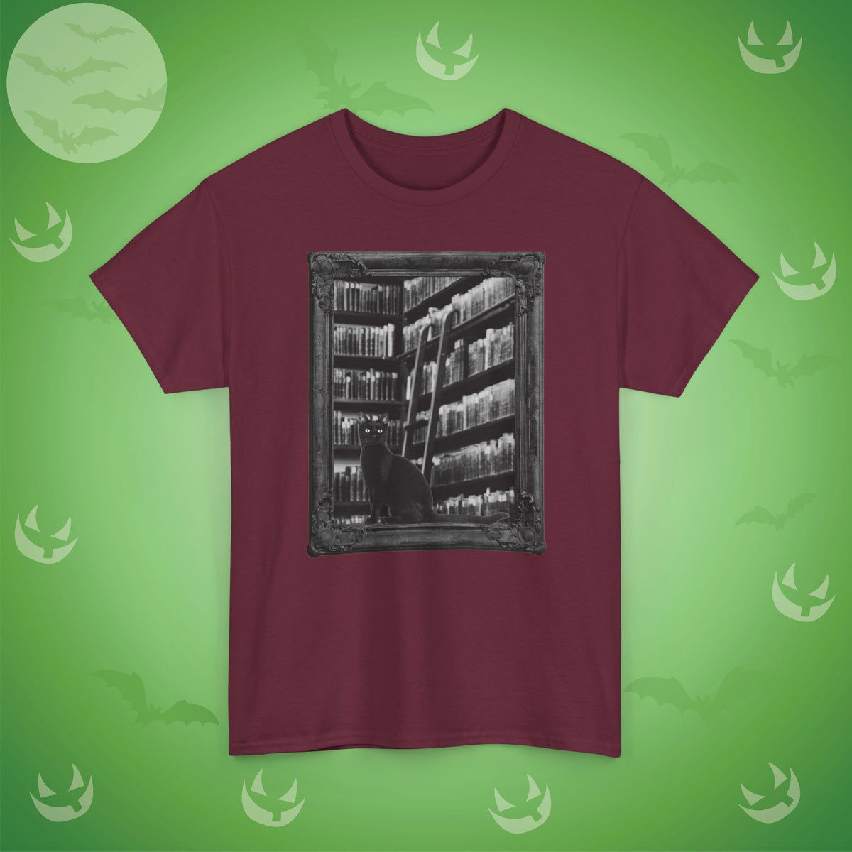 Black Cat Spooky Library Halloween T-Shirt | Book Lover Photographic Design