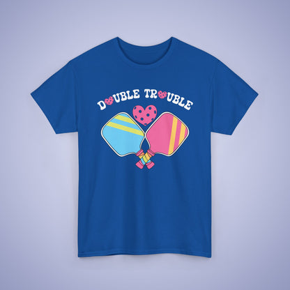 Double Trouble Pickleball T Shirt Retro Couple Matching Pink and Purple Graphic Design