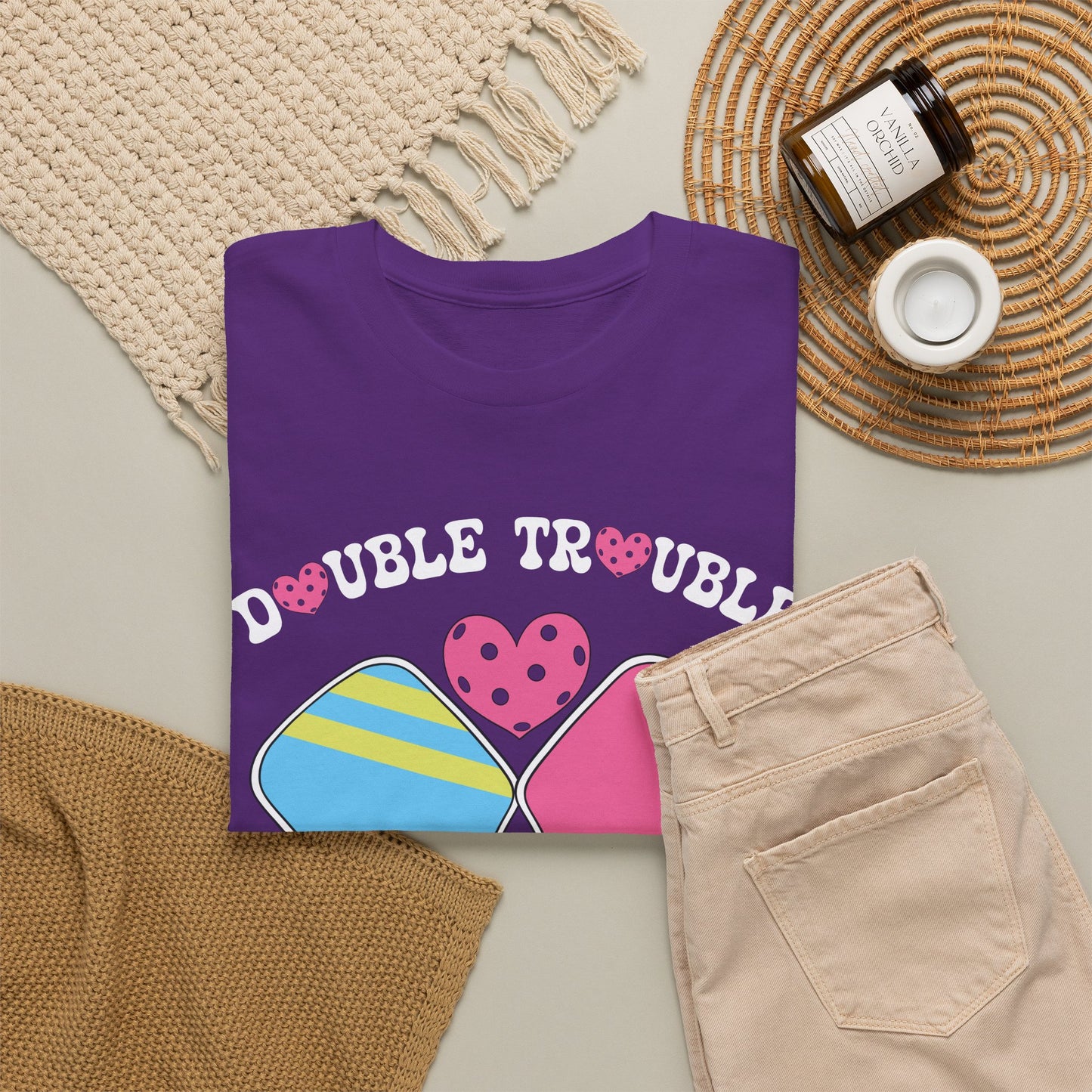 Double Trouble Pickleball T Shirt Retro Couple Matching Pink and Purple Graphic Design
