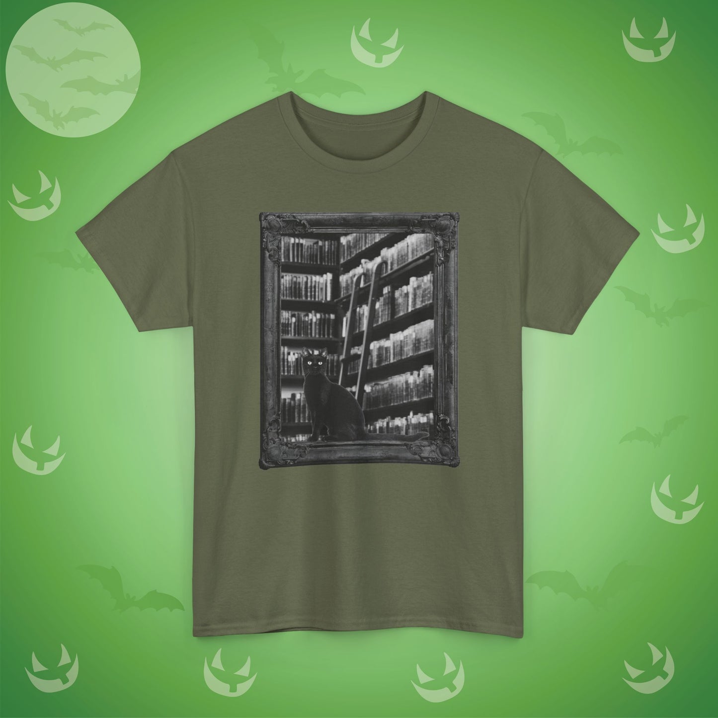 Black Cat Spooky Library Halloween T-Shirt | Book Lover Photographic Design