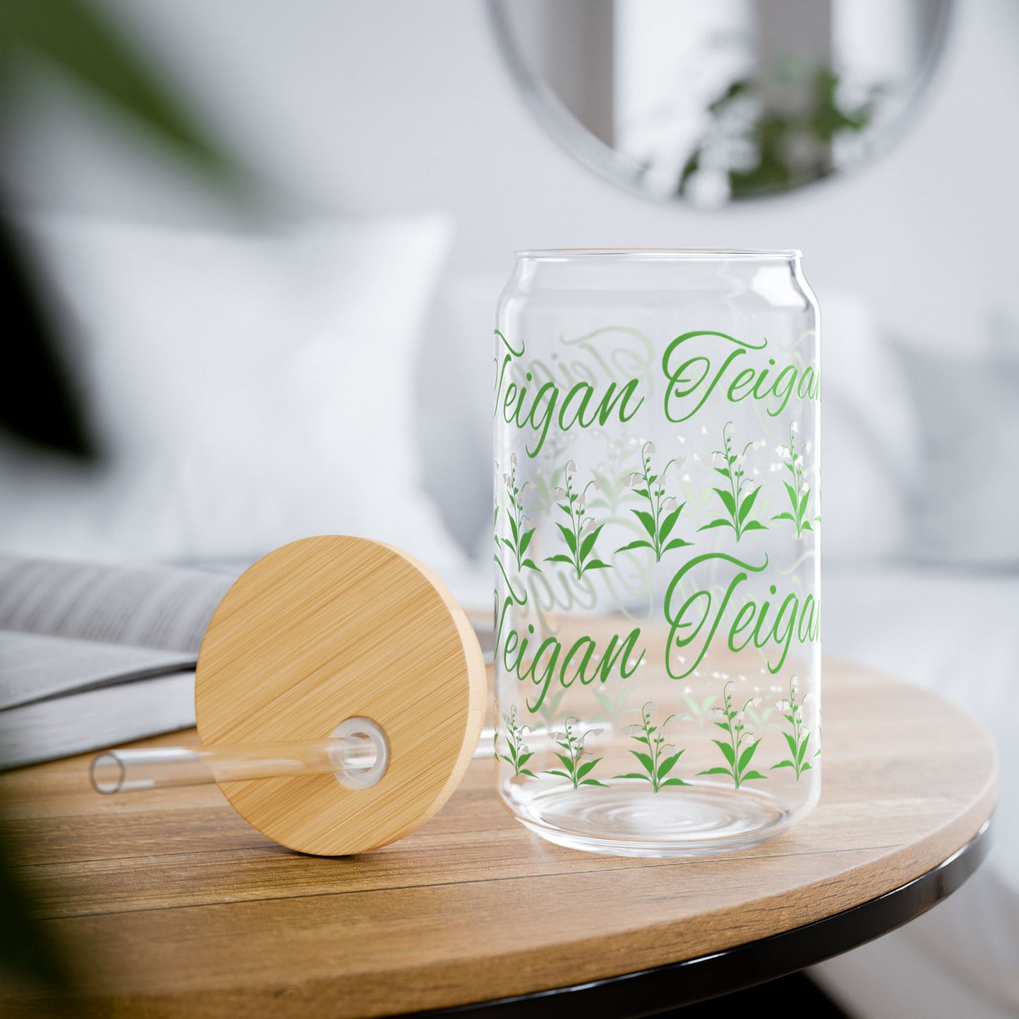 May Birthday Lily of the Valley Floral Personalized Sipper Glass Bamboo Lid