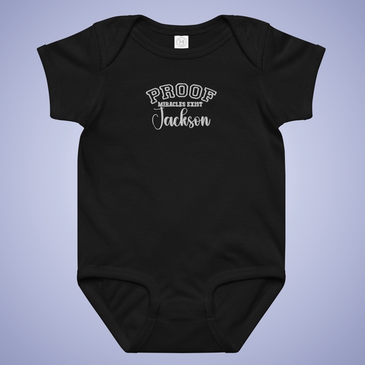 Proof Miracles Do Exist Baby Jersey Bodysuit Embroidered Personalized