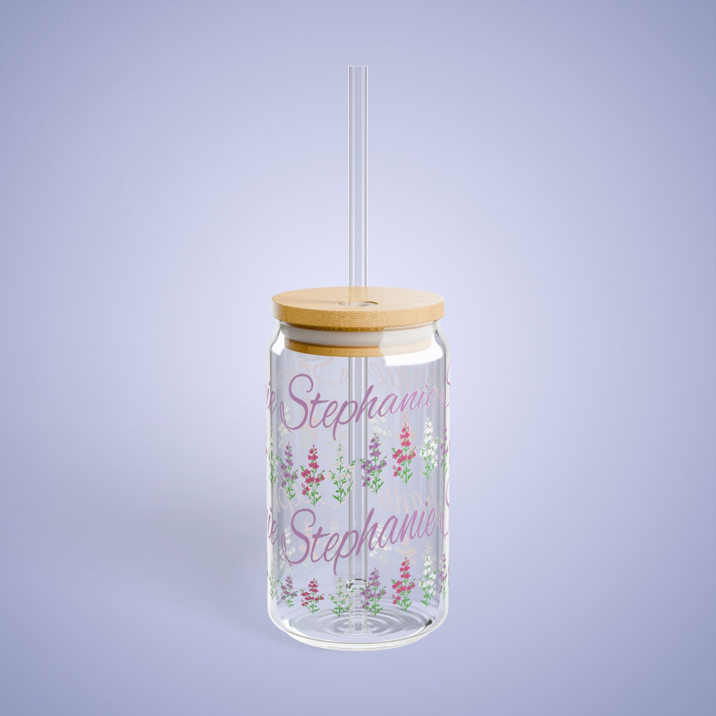 July Birthday Larkspur Floral Personalized Sipper Glass Bamboo Lid