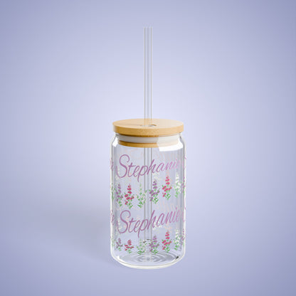 July Birthday Larkspur Floral Personalized Sipper Glass Bamboo Lid