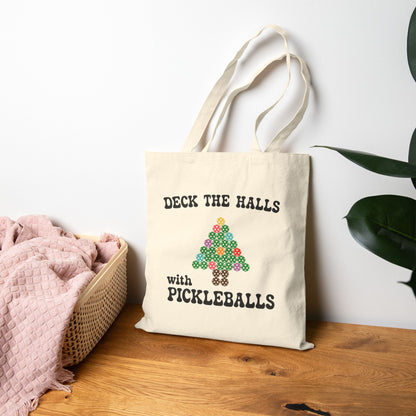 Deck the Halls with Pickleballs Pickleball Tote Bag | Christmas Cotton Gift Cream
