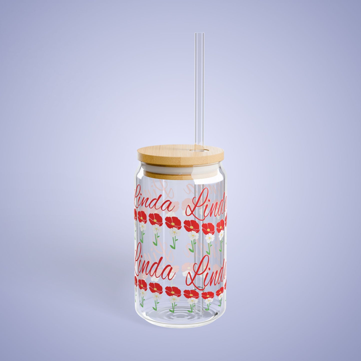 August Birthday Poppy Floral Personalized Sipper Glass Bamboo Lid