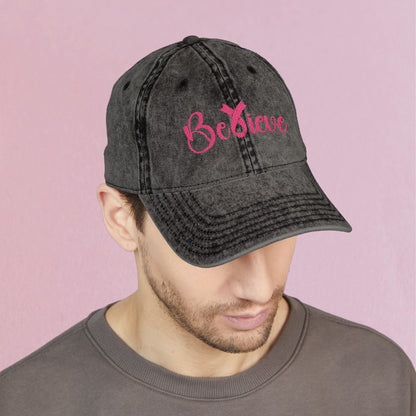 Believe Pink Embroidered Breast Cancer Awareness Unisex Distressed Cap Gift Black