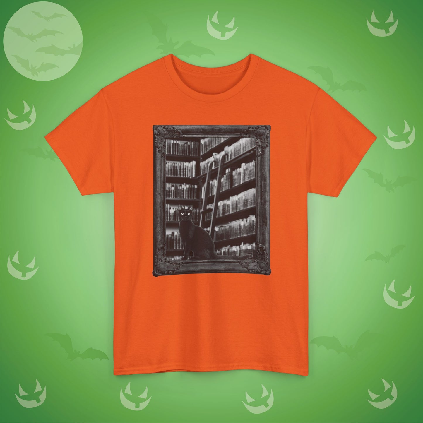 Black Cat Spooky Library Halloween T-Shirt | Book Lover Photographic Design