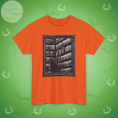 Black Cat Spooky Library Halloween T-Shirt | Book Lover Photographic Design