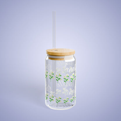 April Birthday DaisyFloral Personalized Sipper Glass Bamboo Lid